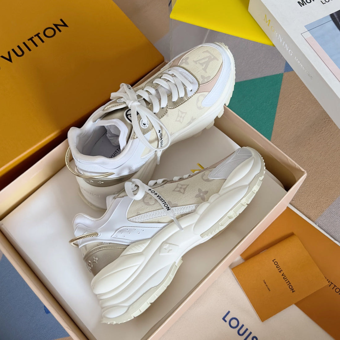 LV Run 55 Sneaker 55MM Light Beige Mix White Monogram Jacquard Fabric