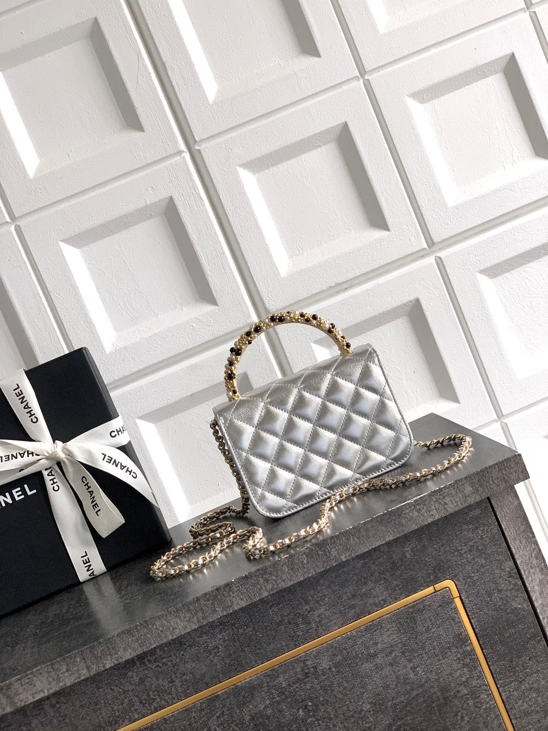 CC Mini Flap Bag 15 With Handle Sliver Metalic Lambskin