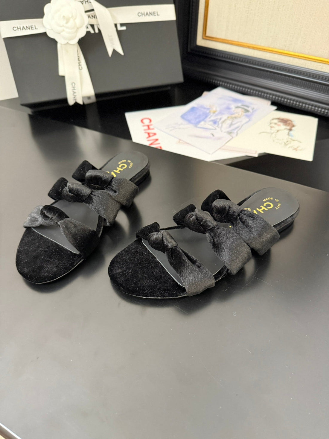 CC 25C Three Strap Mule Black Velvet Fabric 233559