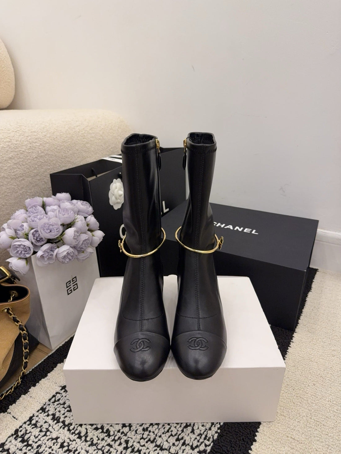 CC 26 Short Boot With Gold-Tone Ankle Chain Black Lambskin 588819