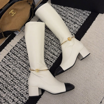 CC 26 Boot With Gold-Tone Ankle Chain White Black Lambskin 588821