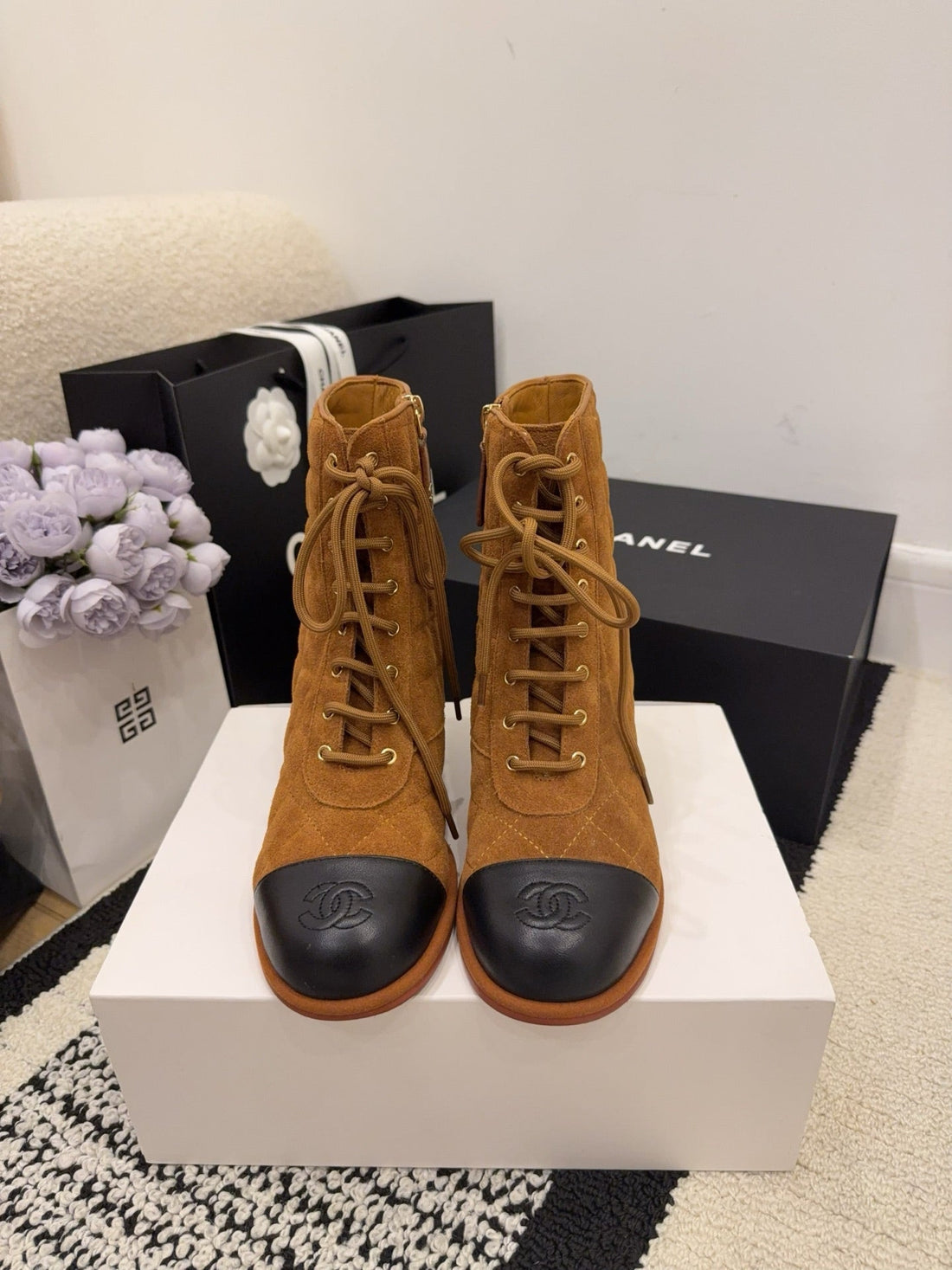 CC 26 Quilted Lace-Up Boot Brown Black Suede Calfskin 588817