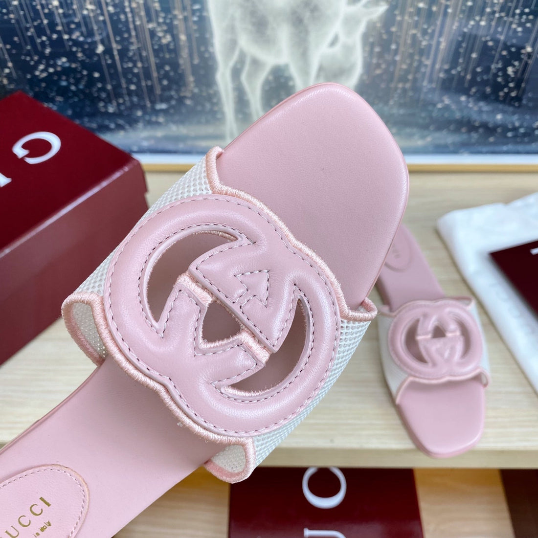 Gc Interlocking G Slide Sandal Pink Canvas Cowhide 295433