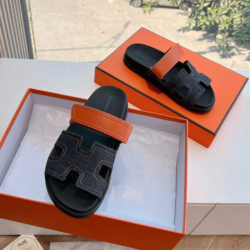 Chypre Sandal In Black Denim And Vivid Orange Calfskin