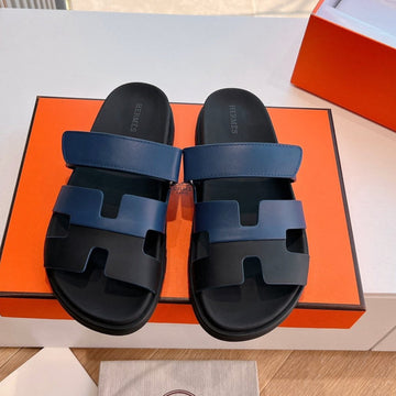Chypre Sandal In Aegean Blue Mix Black Calfskin