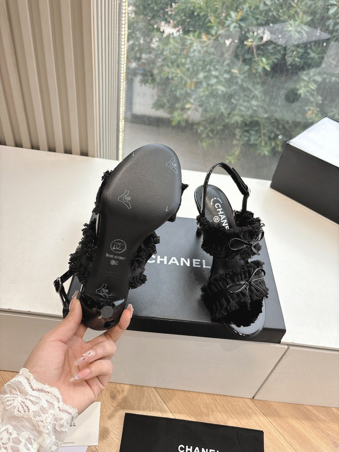 CC Sandals With Bow Tie Black 7CM Lambskin 202870