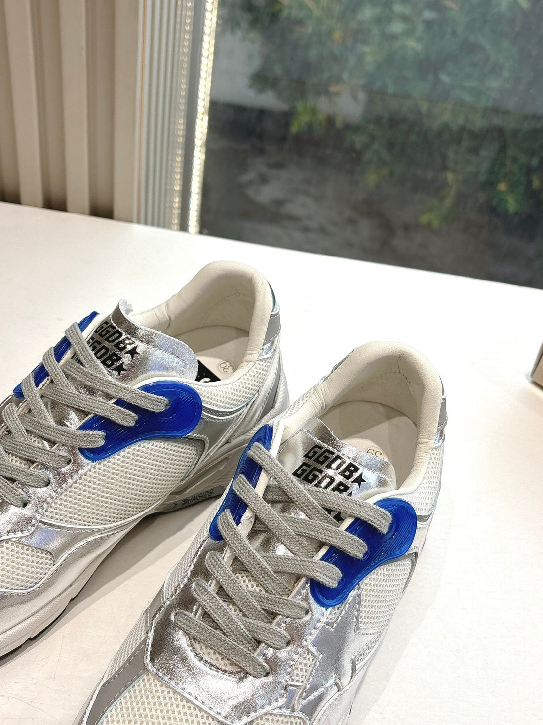Dad-Star Sneakers In White Mesh Silver Calfskin Blue Eyelets