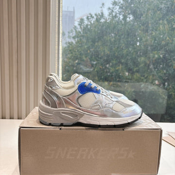 Dad-Star Sneakers In White Mesh Silver Calfskin Blue Eyelets