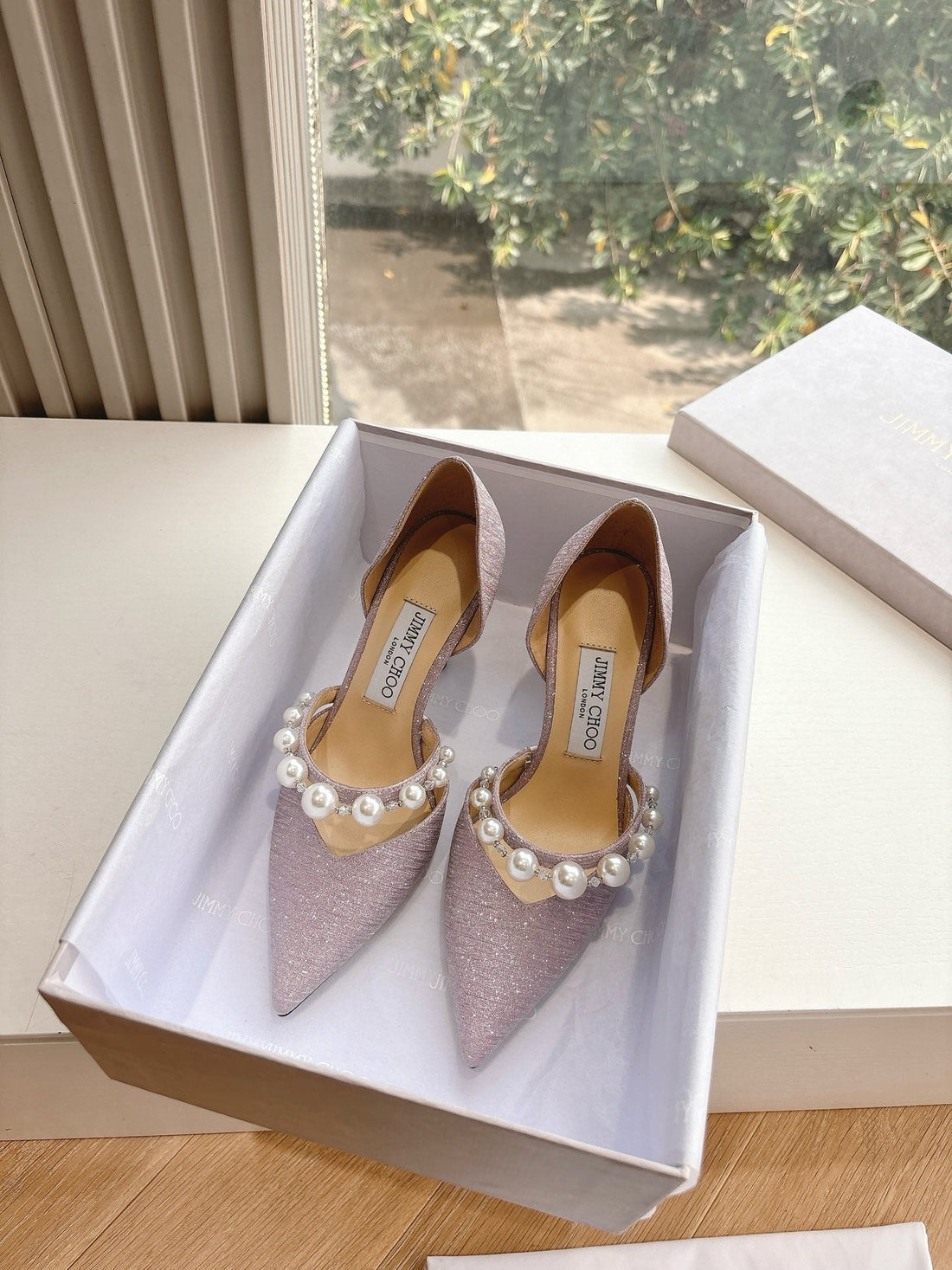 Jimmy Aureli Pearl-Embellished Pumps 85MM Muted Pink Glitter 547688