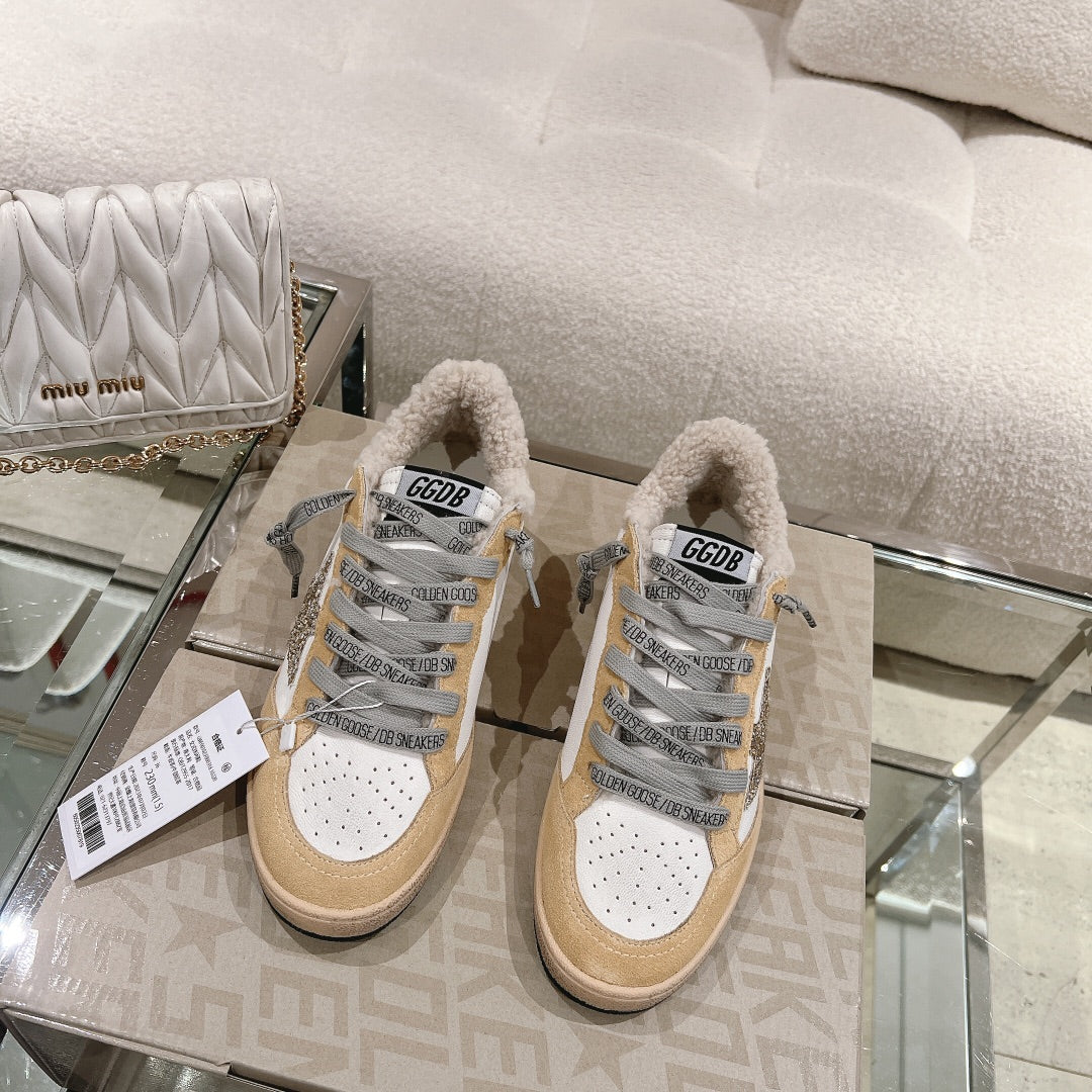 Ball Star Sneakers With Glitter Star In White Calfskin And Brown Suede