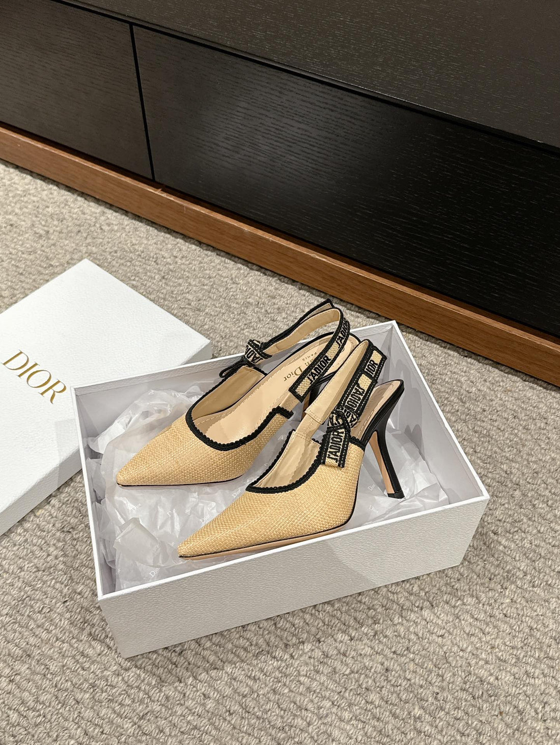 CD Slingback 100 Beige Raffia Lambskin