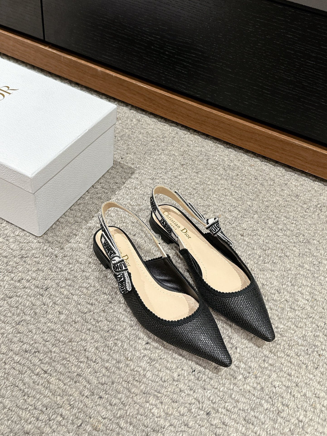 CD Slingback Flat Black Raffia Lambskin