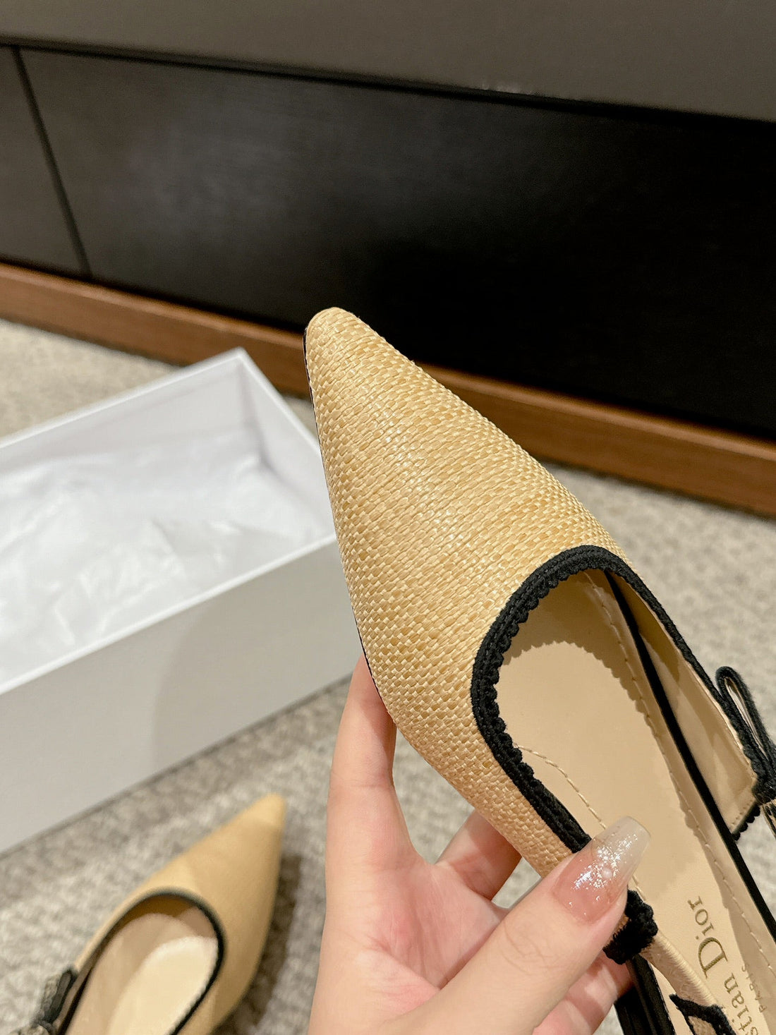 CD Slingback Flat Beige Raffia Lambskin