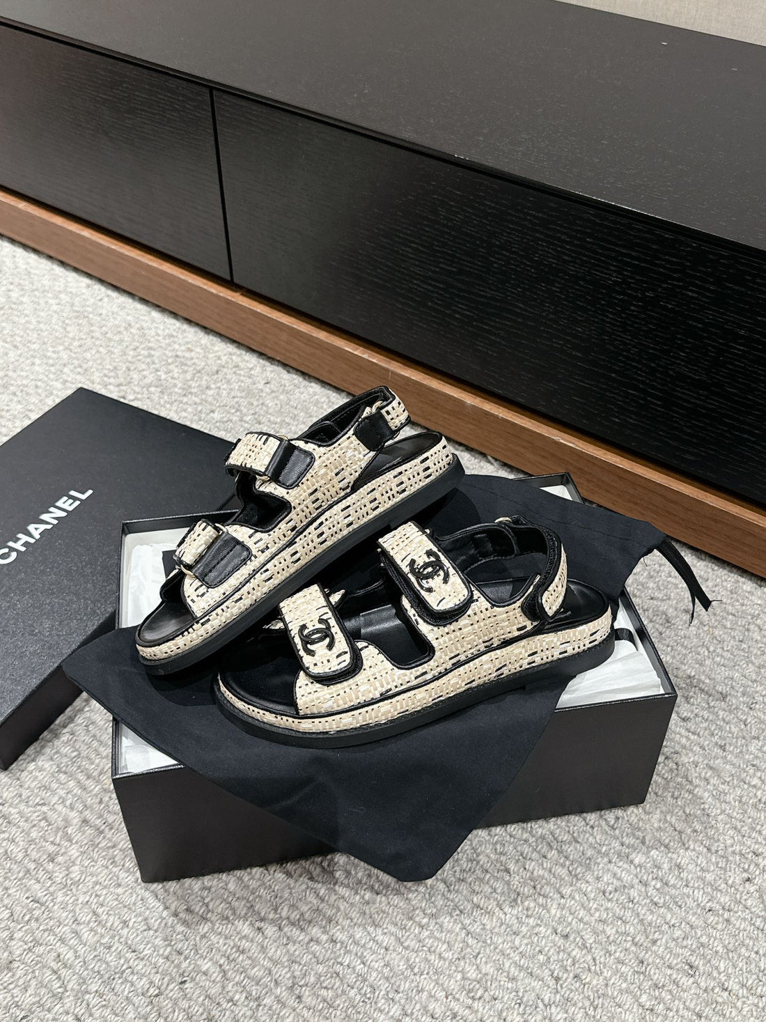 CC Dad Sandals Mule Cream Black Calfskin
