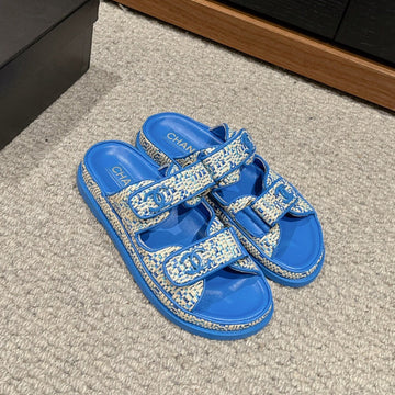 Dad Sandal Mule Beige Raffia Blue Calfskin