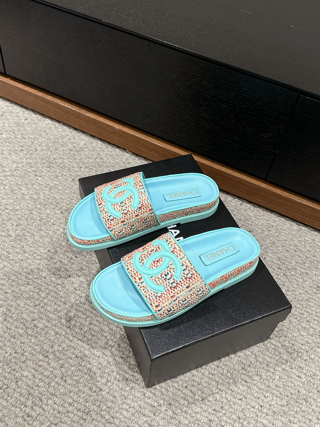 Dad Sandal Mule Cream Raffia Tiffany Blue Calfskin