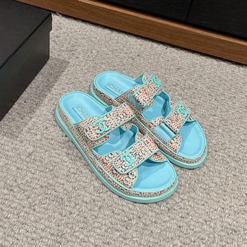 Dad Sandal Mule Cream Raffia Tiffany Blue Calfskin
