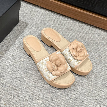 CC Sandal Flower White Canvas Beige Calfskin