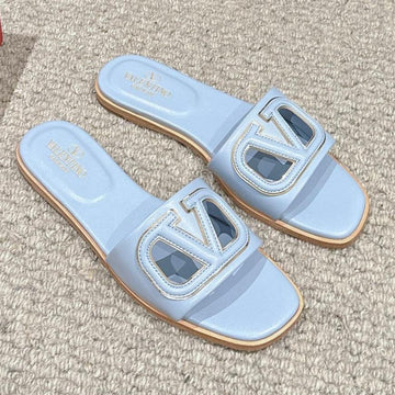Vlogo Cut-Out Light Blue Calfskin Slide Sandal