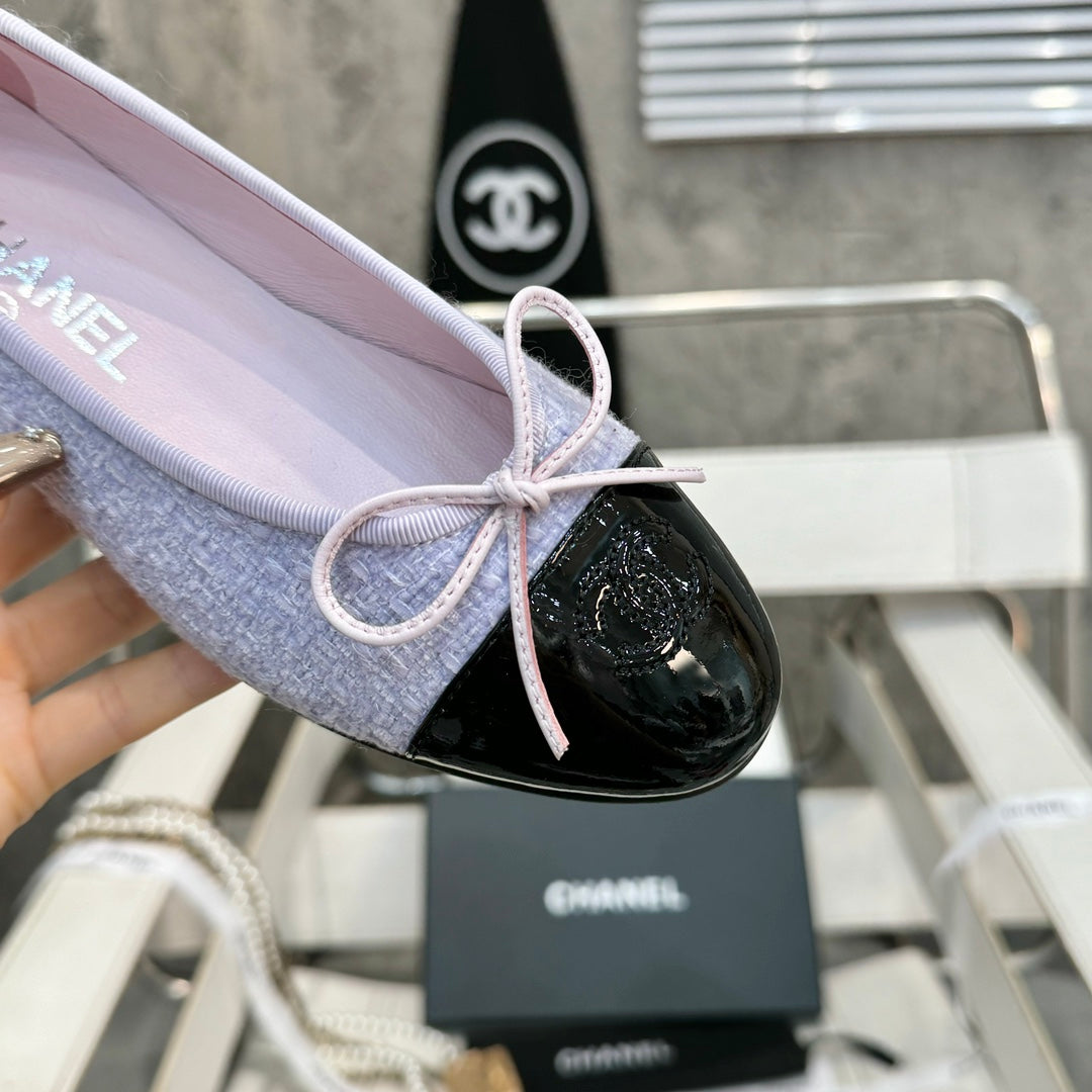 Ballet Flat Light Violet Tweed Black Patent Calfskin