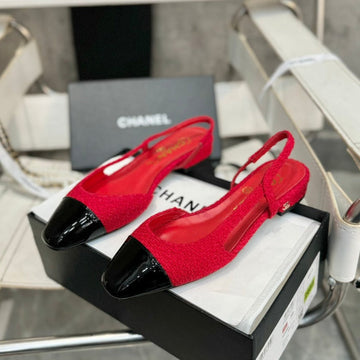 Slingbacks Flat Red Tweed Black Patent Calfskin