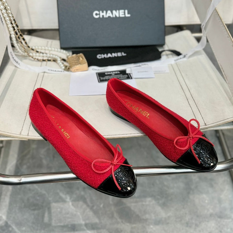 Ballet Flat Red Tweed Black Patent Calfskin