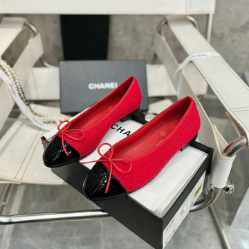 Ballet Flat Red Tweed Black Patent Calfskin
