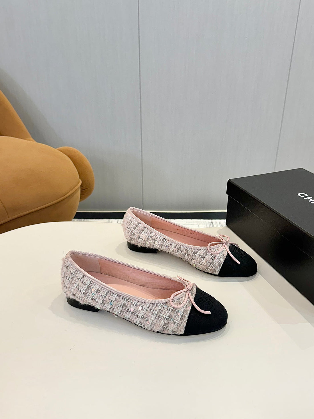 CC 25C Ballet Flat Pink White Tweed Black Grosgrain 233622