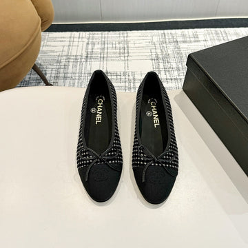 CC 25C Ballet Flat Black White Tweed Black Grosgrain 233623