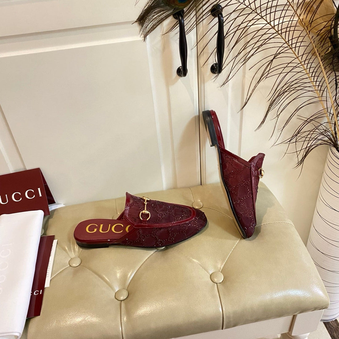 GG Princetown Mule Dark Red Mesh With Crystal