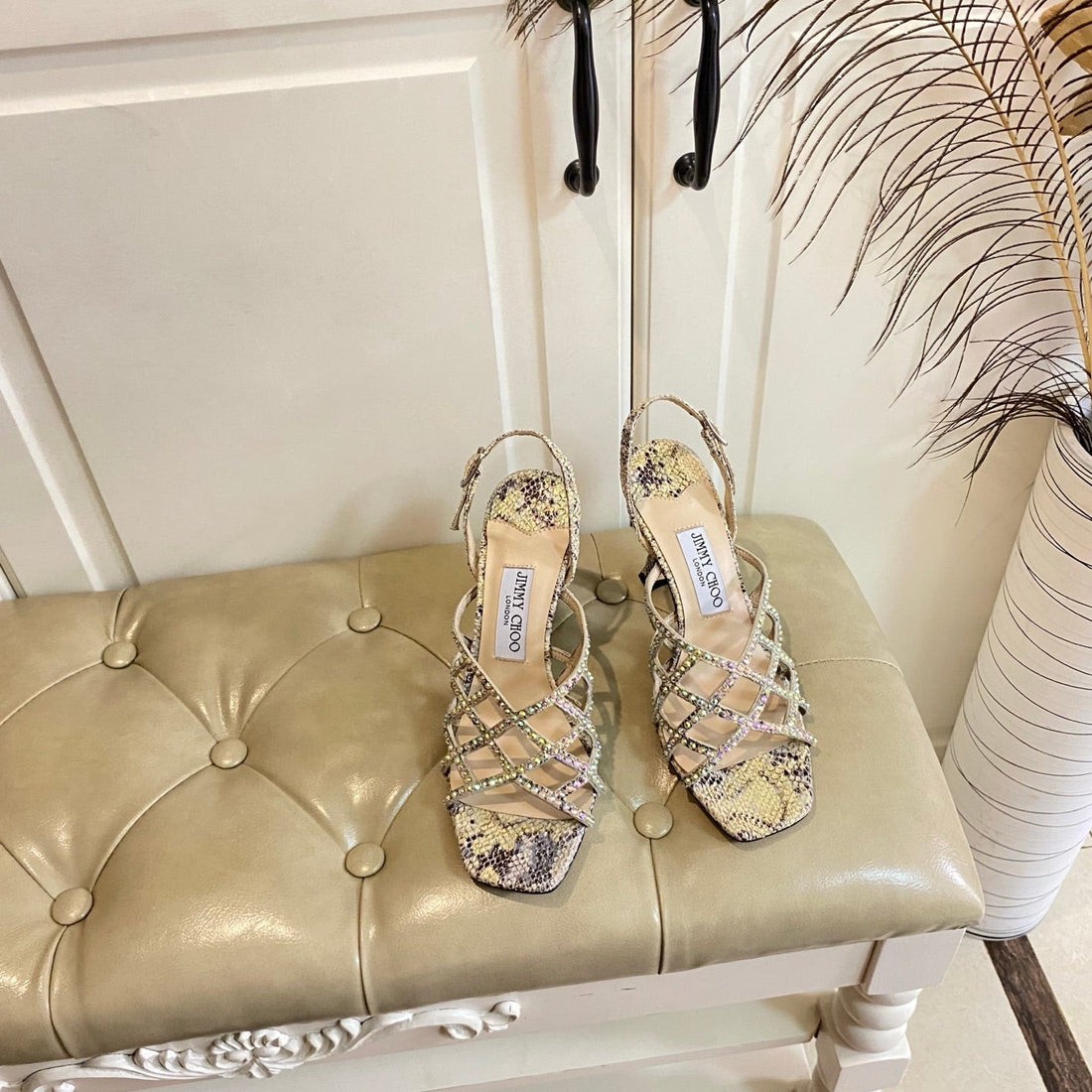 Jimmy Choo Saila Sandals 9CM Beige Sheepskin/Snake-Print Leather 688239