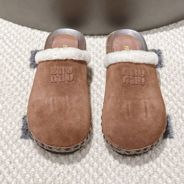 Miu Miu 25 Shearling-Trimmed Slipper Brown Suede Wool 547576