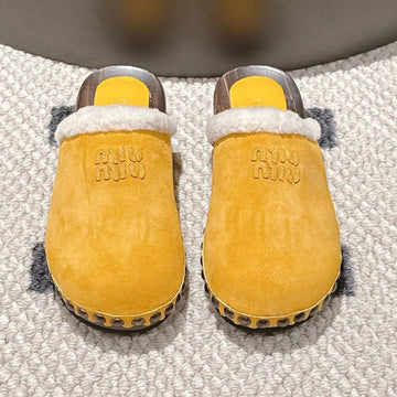 Miu Miu 25 Shearling-Trimmed Slipper Yellow Suede Wool 547577