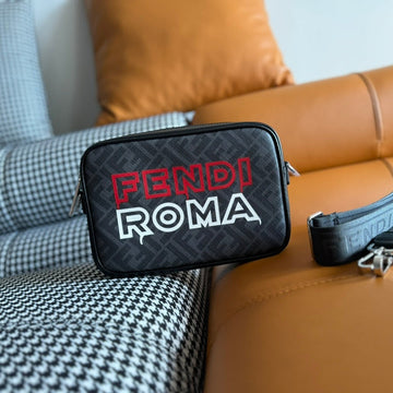Clutch 22 With Ff Motif In Dark Gray Textured Fabric And Black Lambskin Trim