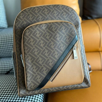 Fendi 44 Mini Backpack In Camel Brown Monogram Jacquard Fabric And Calfskin