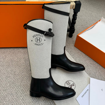 Hm Jumping Boot In White Mix Black Calfskin And Burlap 973841