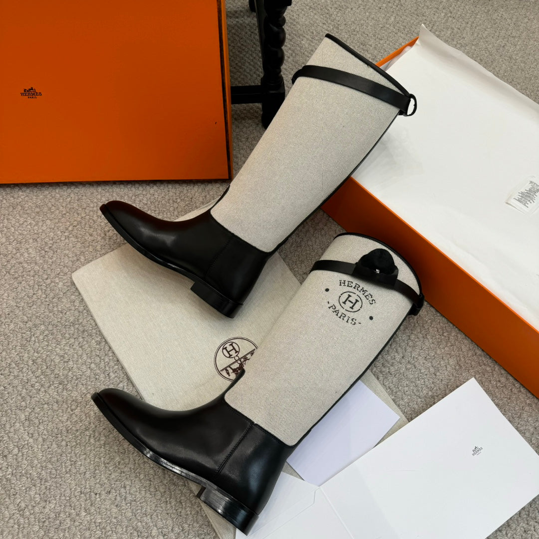 Hm Jumping Boot In White Mix Black Calfskin And Burlap 973841