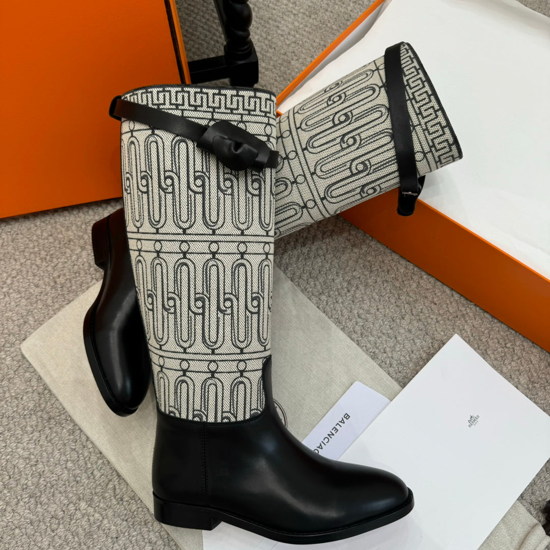 Hm Jumping Boot In Black Mix White Calfskin And Burlap 973843