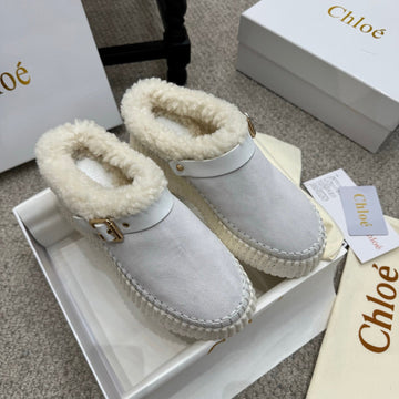 Chloé Nama Shearling-Lined Mule Light Gray Suede 523134