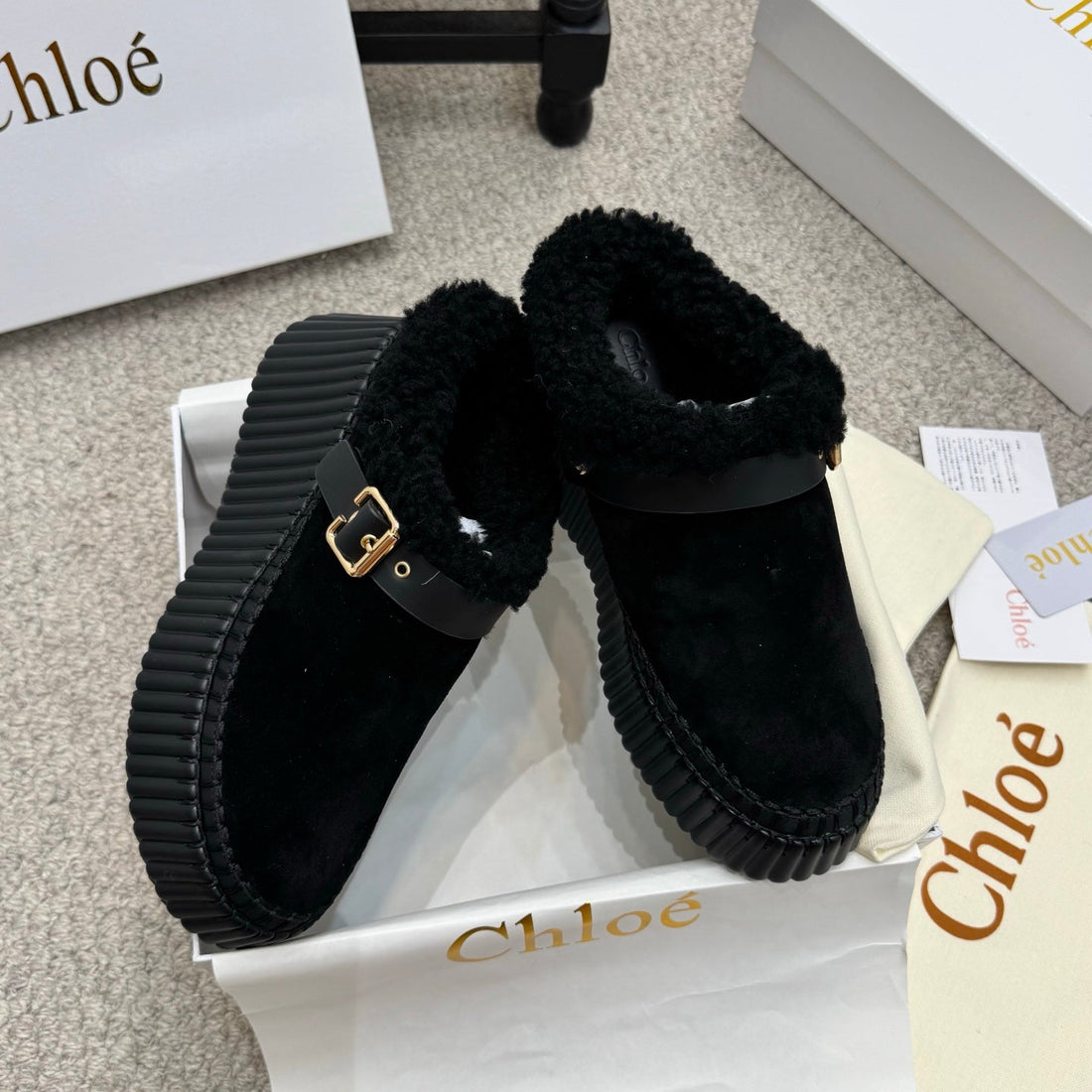 Chloé Nama Shearling-Lined Mule Black Suede 523135