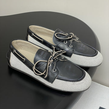 Miu Miu Beige And Black Canvas Leather Loafer 227140