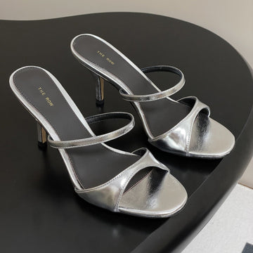 The Row 25S Strap High Heel Mule Sandals 85MM Black Mix Silver Metallic Cowhide 286209