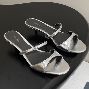 The Row 25S Strap High Heel Mule Sandals 35MM Black Mix Silver Metallic Cowhide 286217