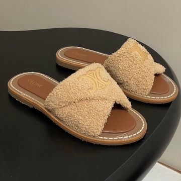 Cl 25S Lympia Twisted Sandal Beige Brown Sheepskin Plush Cloth 416656