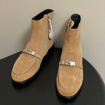Hm Short Boots 25MM Kelly Buckle Light Beige Suede