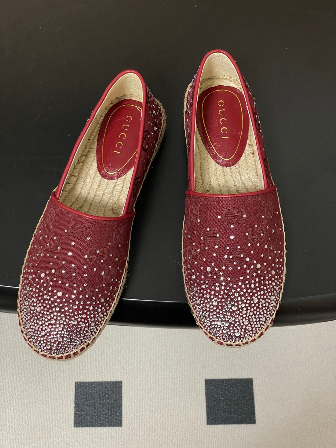 GG 26SS Slip-On Loafers Rhinestones Red Double G Canvas