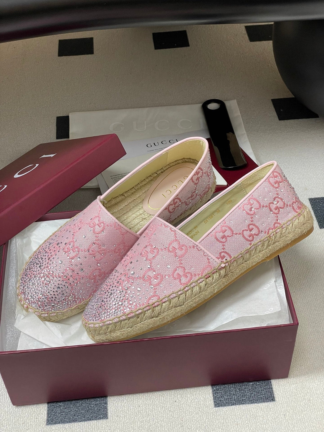 GG 26SS Slip-On Loafers Rhinestones Light Pink Double G Canvas 593498