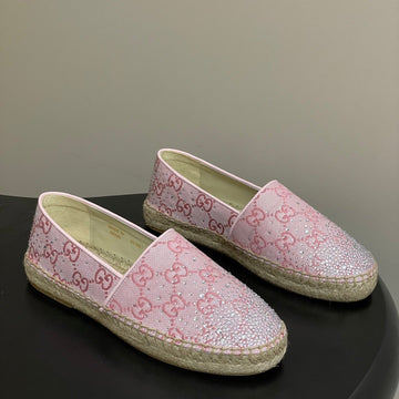 GG 26SS Slip-On Loafers Rhinestones Light Pink Double G Canvas 593498
