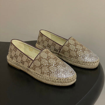 GG 26SS Slip-On Loafers Rhinestones Beige Brown Double G Canvas 593500