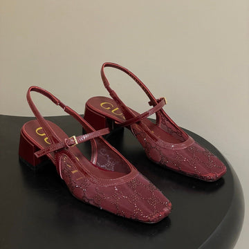GG 26SS Crystal Rhinestone Mary Jane Red Mesh Fabric 593509